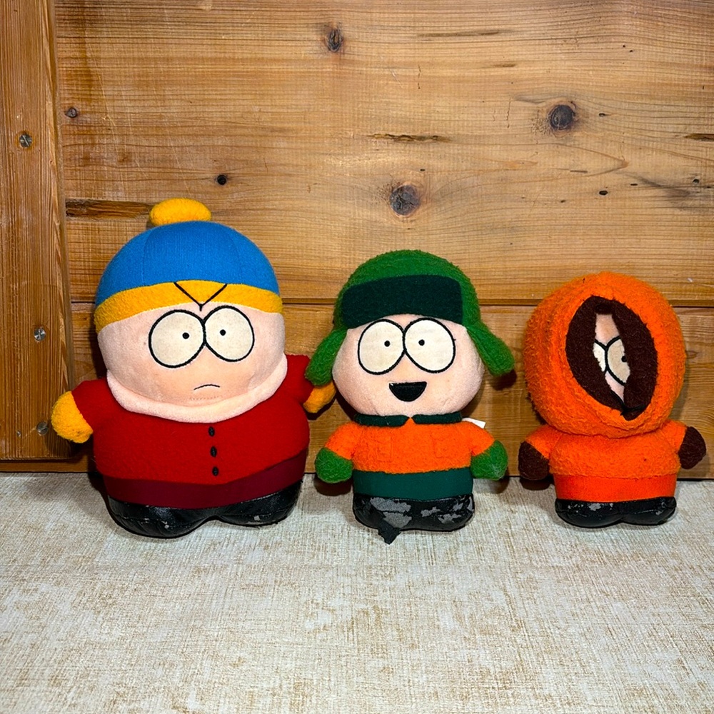 Vintage 1998 Set of 3 Small South Park Plushes - Cartman, Kenny, & Kyle